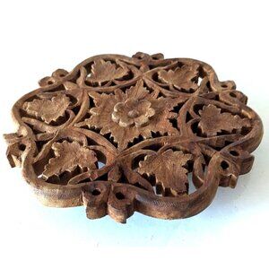 Vintage Rosewood Trivet Stand W. Ball Feet Ornate Carved Flowers And Leaves 7 In